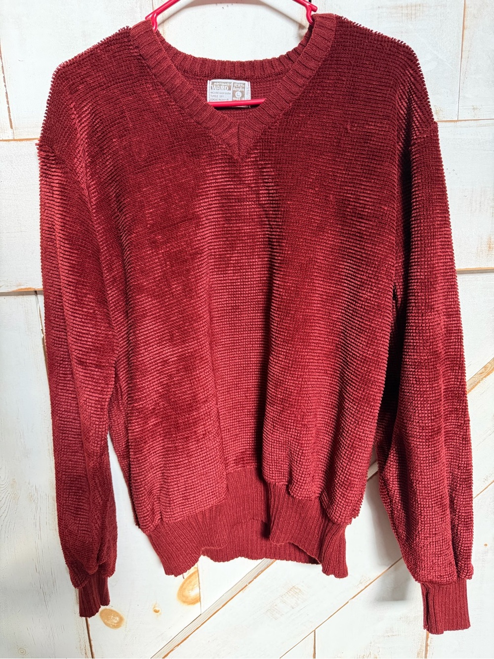 Vintage 80s V-Neck Velour Sweater in Burgundy